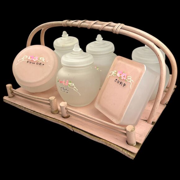 40's Frosted Glass Pink Floral Apothecary Jar Container Vintage 7pc Nursery Set - Picture 4 of 12
